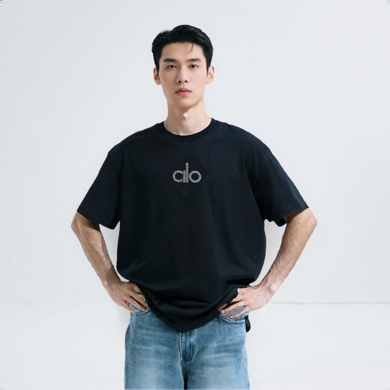 水晶烫钻字母圆领简欧风宽松落肩纯棉T恤  日常百搭时尚