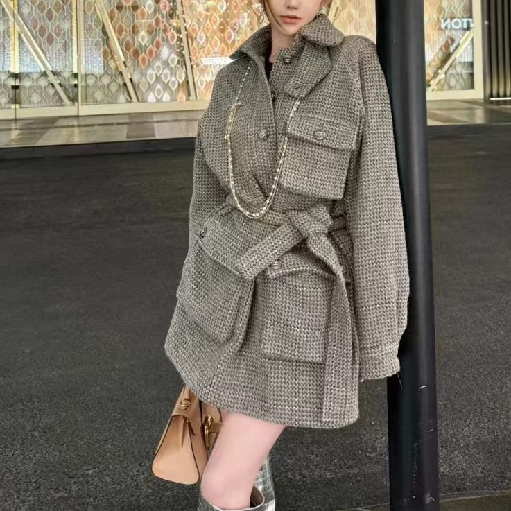 99新 Chanel/香奈儿 36码24A灰色粗花呢钻扣连衣裙，外套