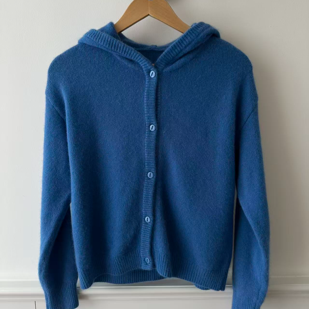 【自在之姿】浣熊羊毛衫纯色蓝毛衣开衫宽松显瘦连帽针织衫女