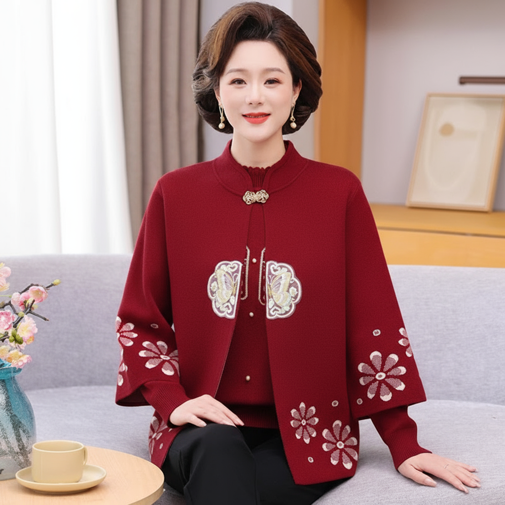 气质妈妈秋冬装两件套中老年国风外套开衫洋气半高领毛衣长袖内搭