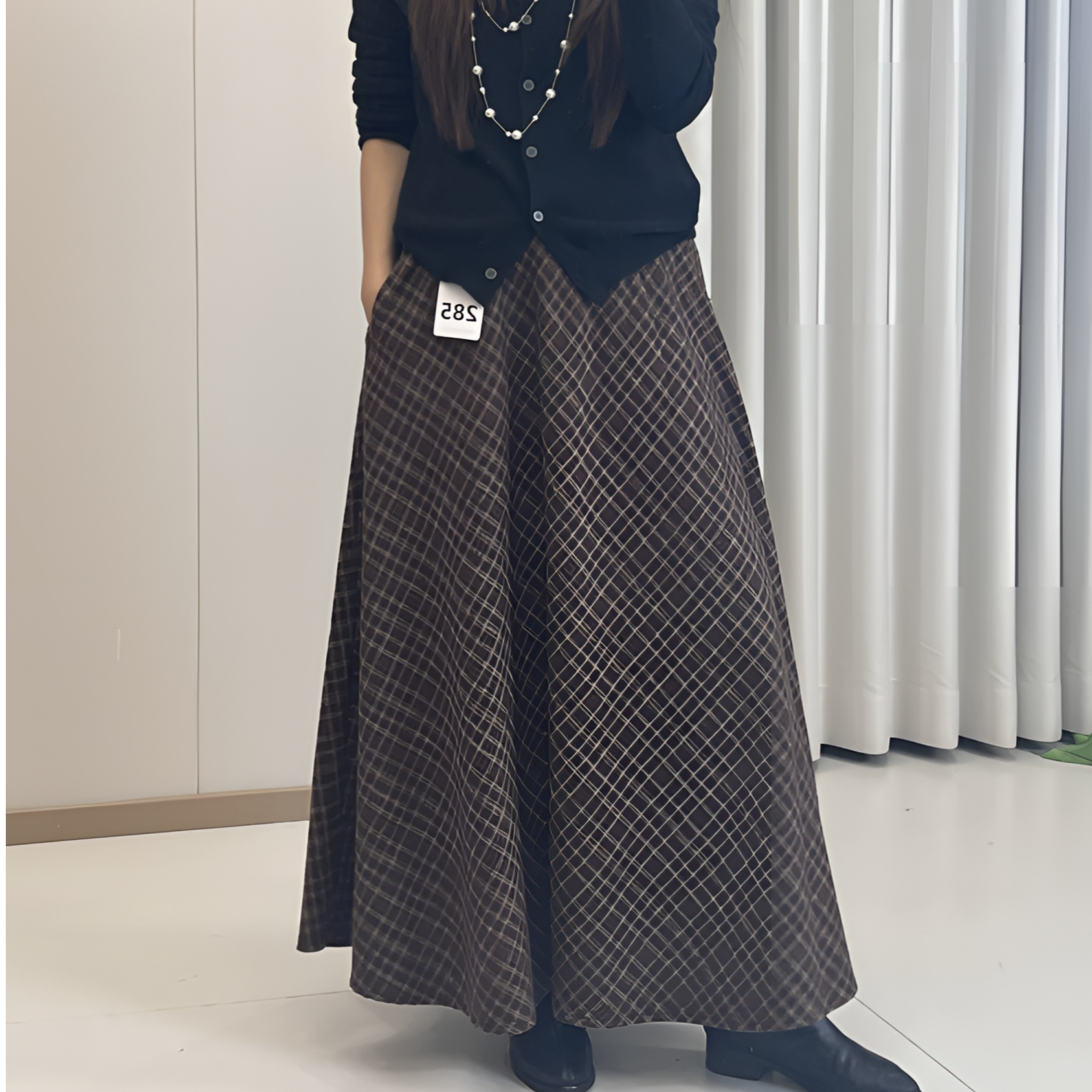 【慧】285大摆毛呢高腰格子复古百搭中长裙半身裙女2025秋冬新