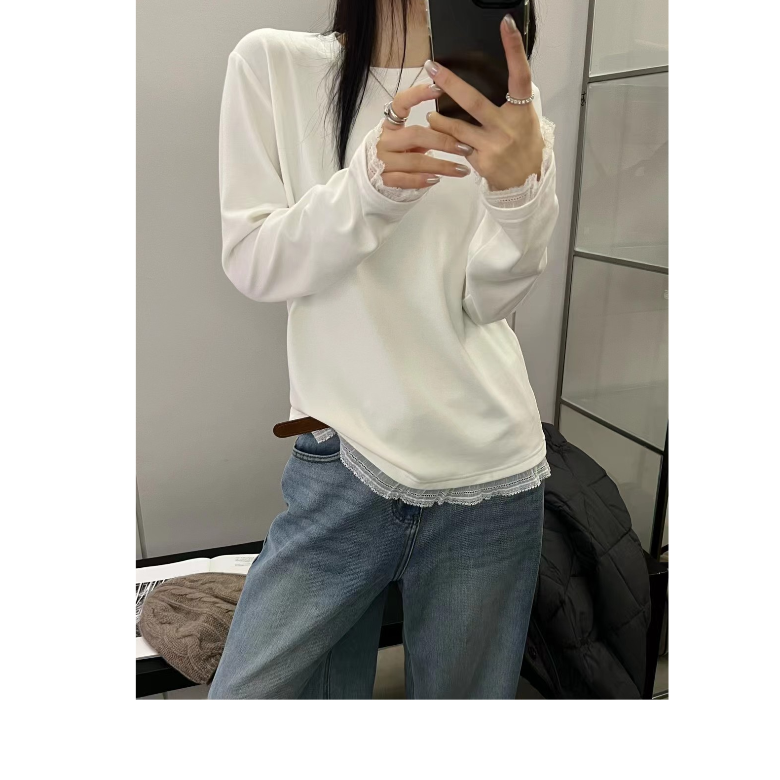 法式蕾丝下摆拼接加绒打底长袖T恤