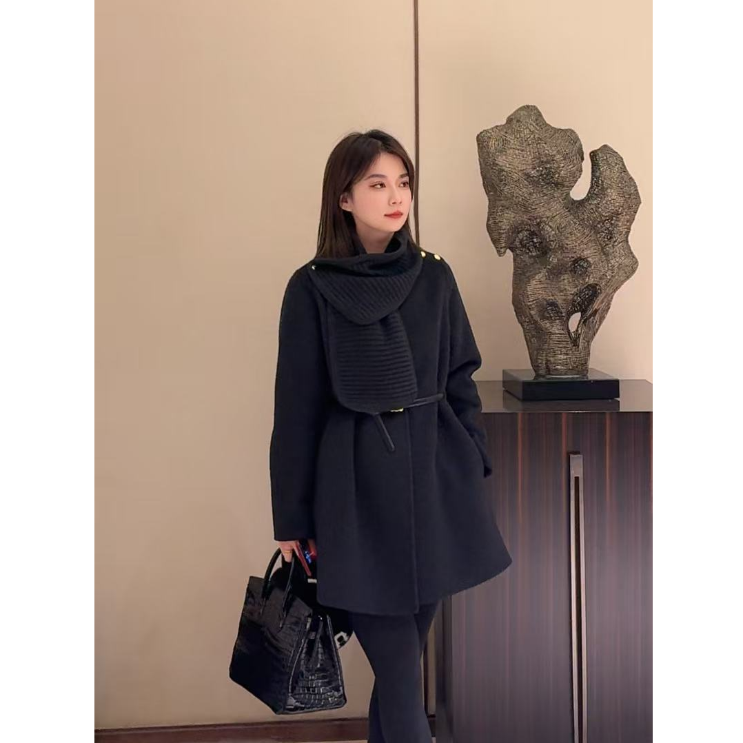 大胡子25年冬季新款中长款可拆卸毛呢外套大衣系腰带款85080