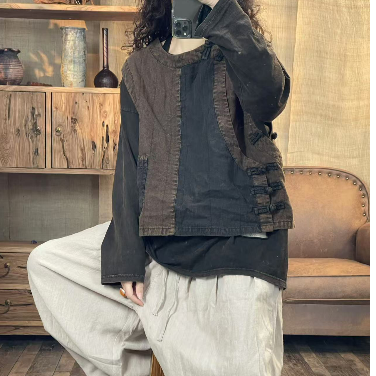 [四月阳光]春季亚麻双层炒色复古斜盘扣国风休闲马夹(长58胸围134