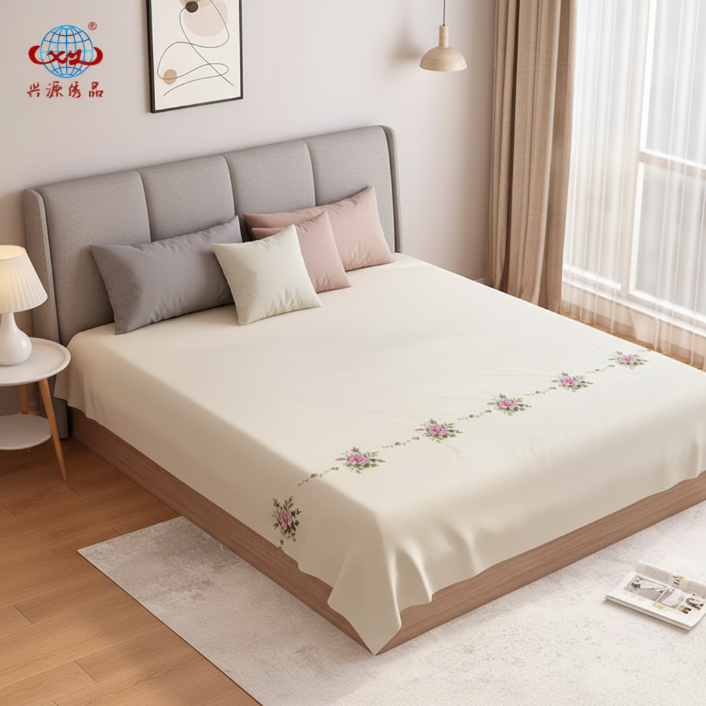 【床单】429香槟色纯棉十字绣花床单简约高档纯色床单