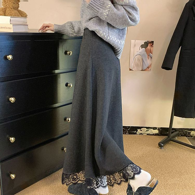 加厚新款设计蕾丝拼接花边半身裙秋冬高腰2025毛呢长裙显瘦裙子