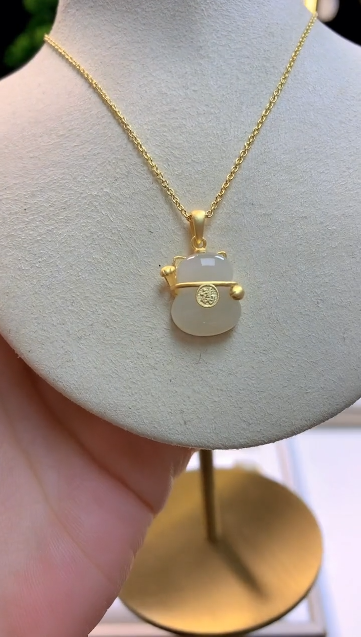 【闪购商品】和田玉吊坠银S925镀金镶嵌小猫