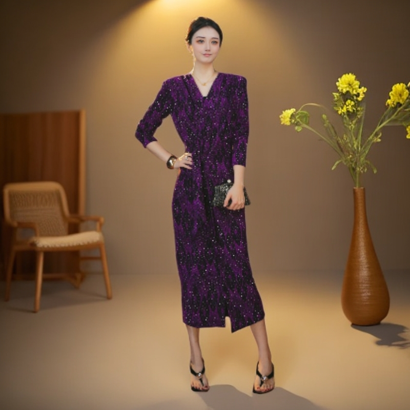 带钻轻奢时尚高弹秋季设计师轻奢秋季连衣裙A014-悦1