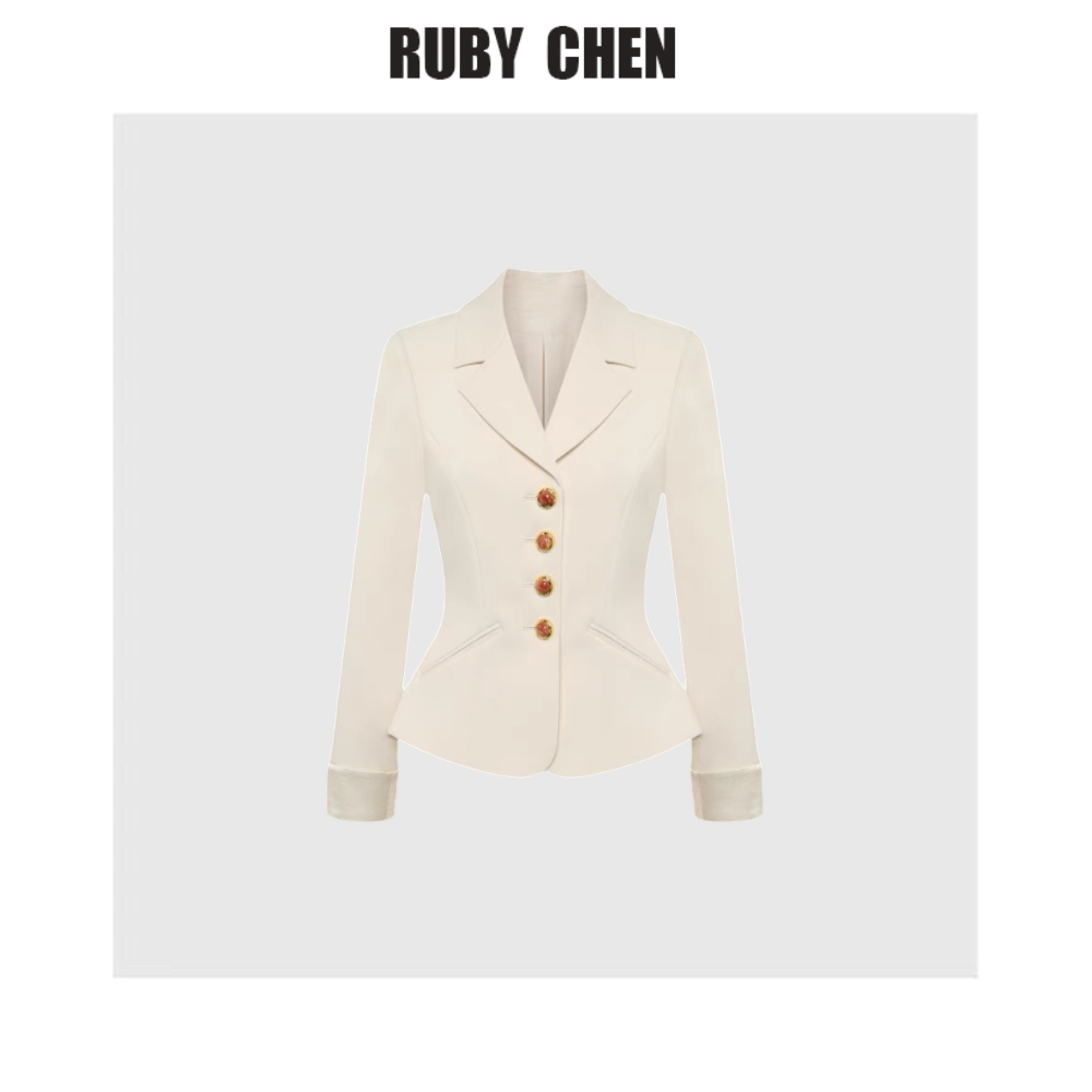 千金风时尚米白色正肩单排扣收腰西装上衣