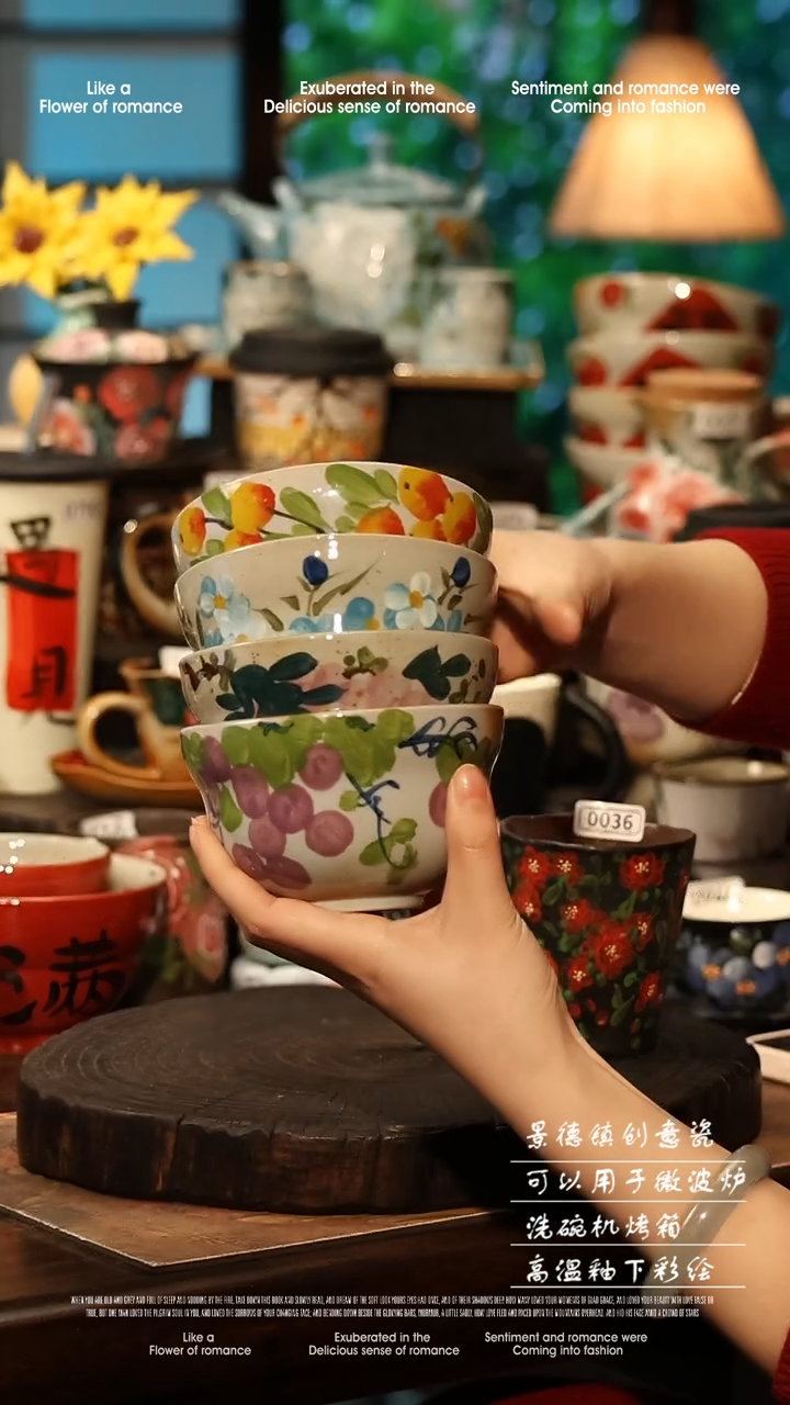 陶瓷四件套景德镇高温釉下彩手工手绘款式