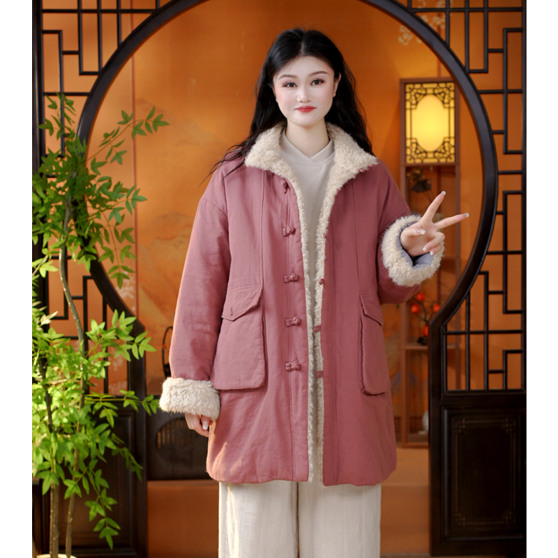 【素语】中款休闲保暖立领大口袋加厚亚麻棉服外套女上衣6602