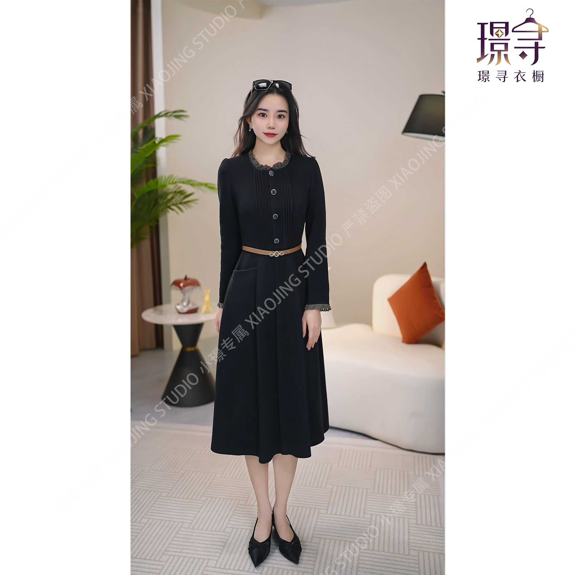 黑色花边圆领风琴褶显瘦连衣裙名媛小香风长袖长裙时尚轻奢法式