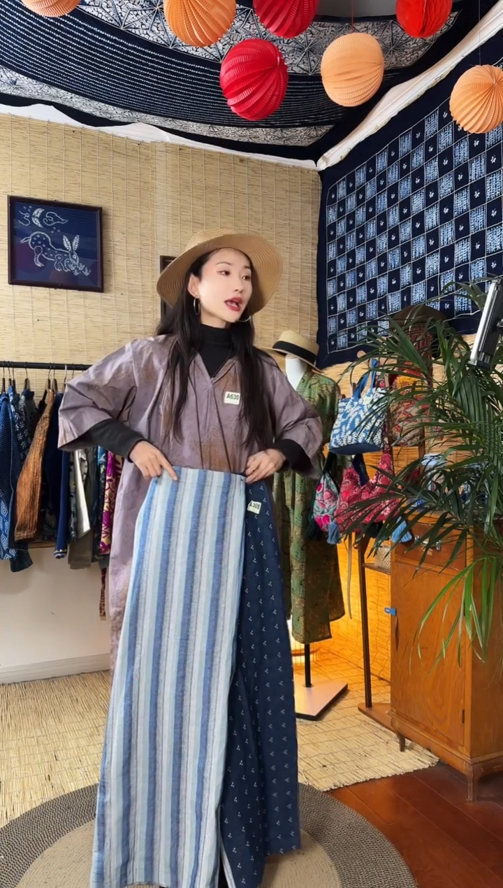 【闪购商品】设计师款条纹蓝AB裤裙