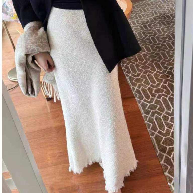 M54E008慕之淇羊毛花呢小香风高腰显瘦亮片流苏鱼尾及踝半裙