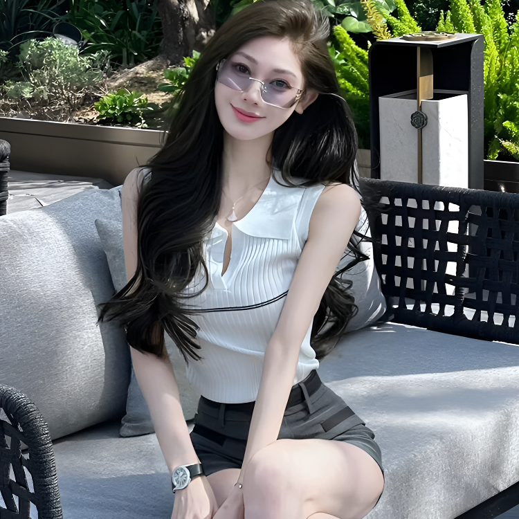 时尚百搭无袖针织上衣polo领夏时尚透气---LT185