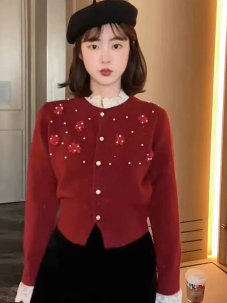 钉珠手工花蕾丝花边边甜美气质短款开衫胖新款独特绝美花朵针织