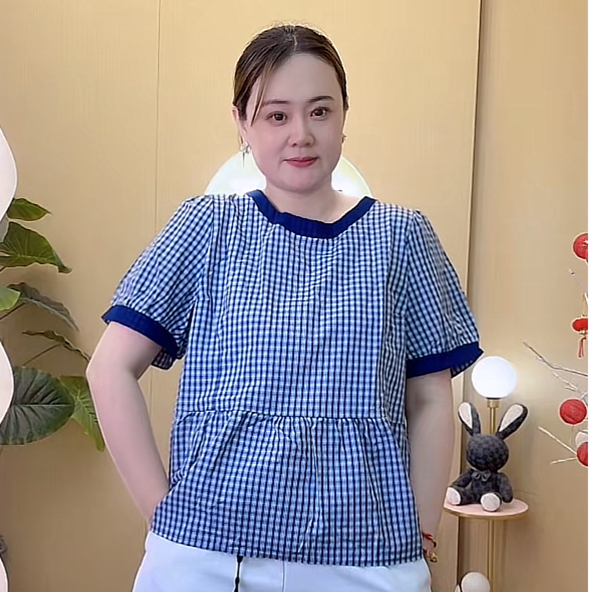 2025夏季新款休闲半袖T恤格格衫显瘦百搭蓝色气质时尚减龄88492