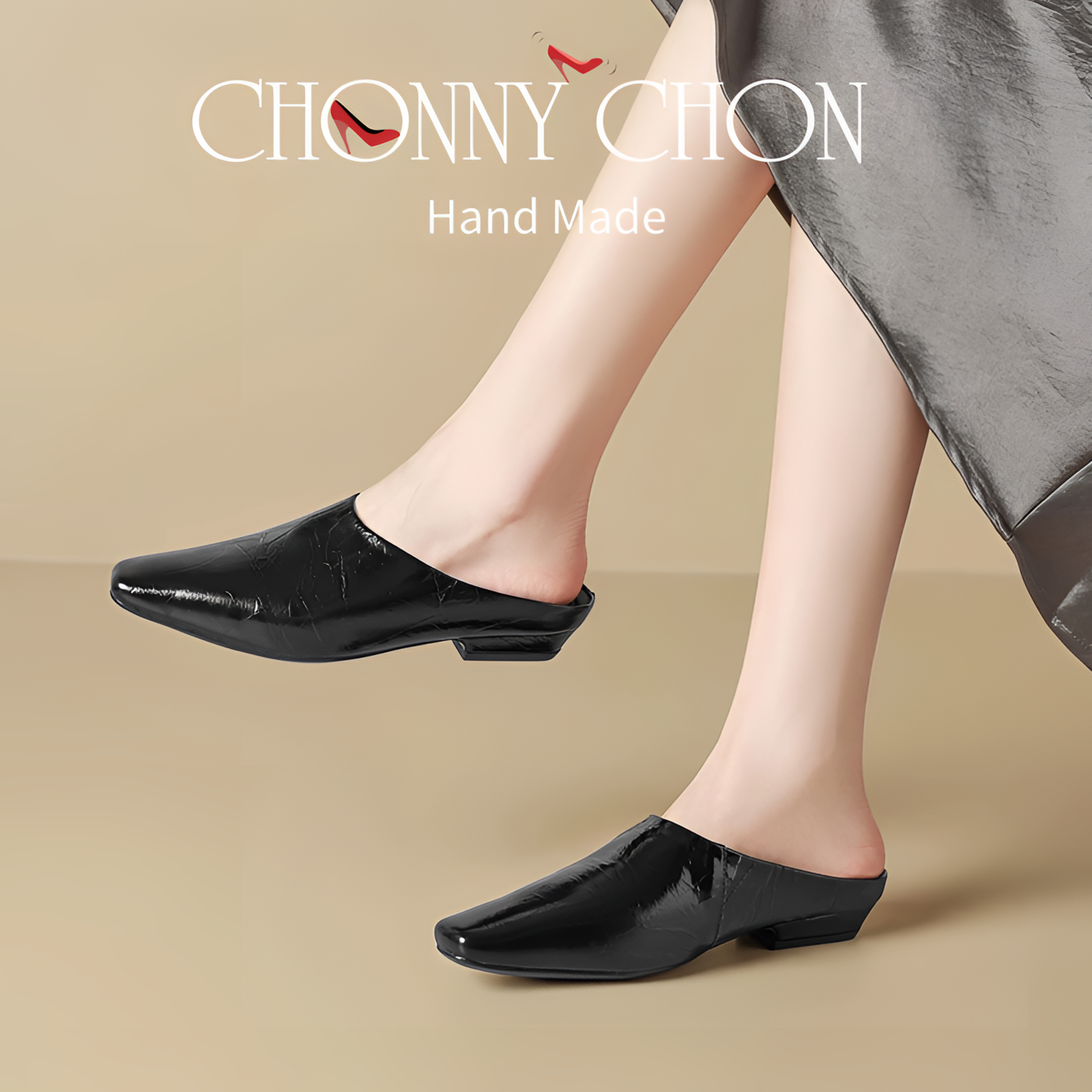 Chonny超软羊皮穆勒拖一字拖女夏季粗跟凉拖鞋2025新款百搭极简
