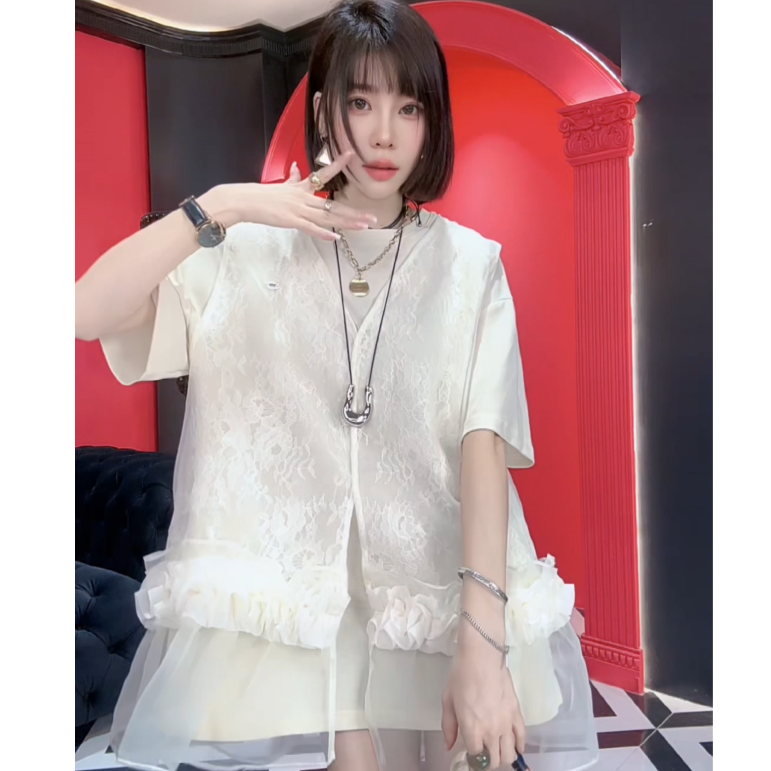 MMD欧洲站年夏季新款时尚百搭宽松显瘦洋气拼接短袖衬衫女欧货668