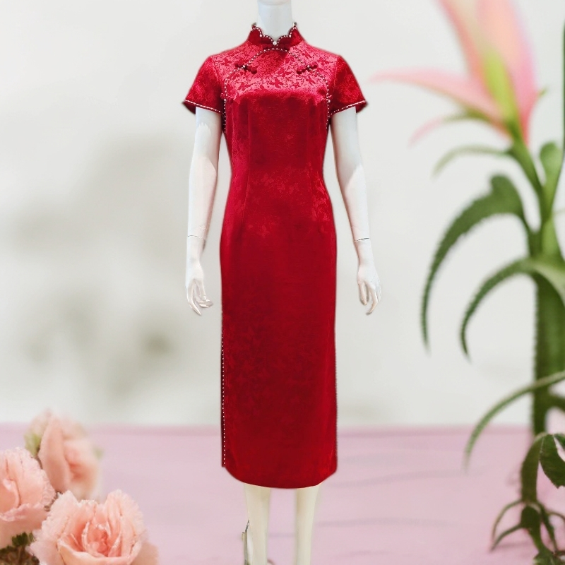 朱紫瑜170362酒红色婚礼旗袍优雅复古气质中国风修身显瘦中长款