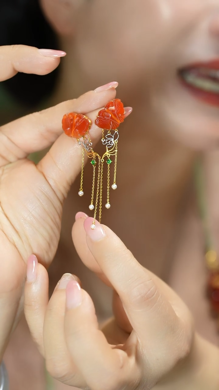 【闪购商品】玛瑙/玉髓耳饰18K金镶嵌耳饰