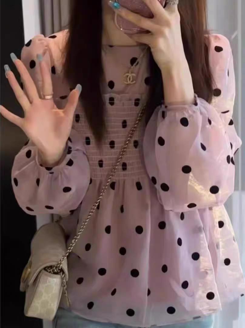 【钻石姐专属】法式甜美气质波点泡泡袖衬衫女洋气减龄娃娃雪纺上衣