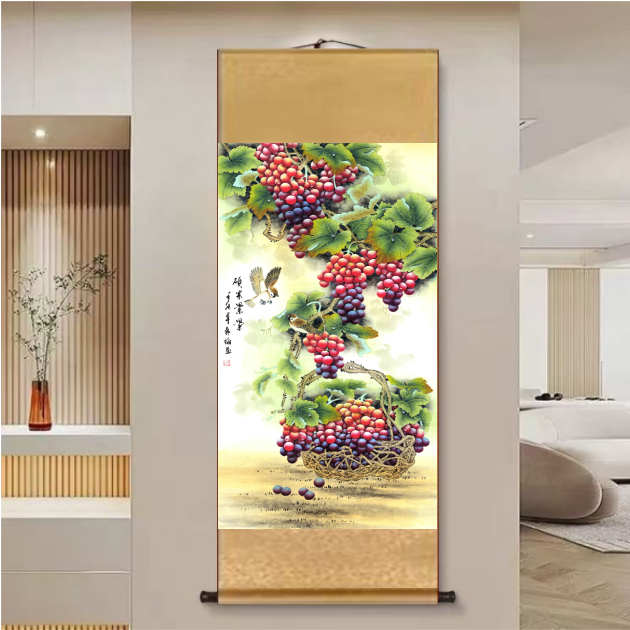 【葡萄小鸟·硕果累累】140*45新中式竖幅实木卷轴客厅书房茶室挂画