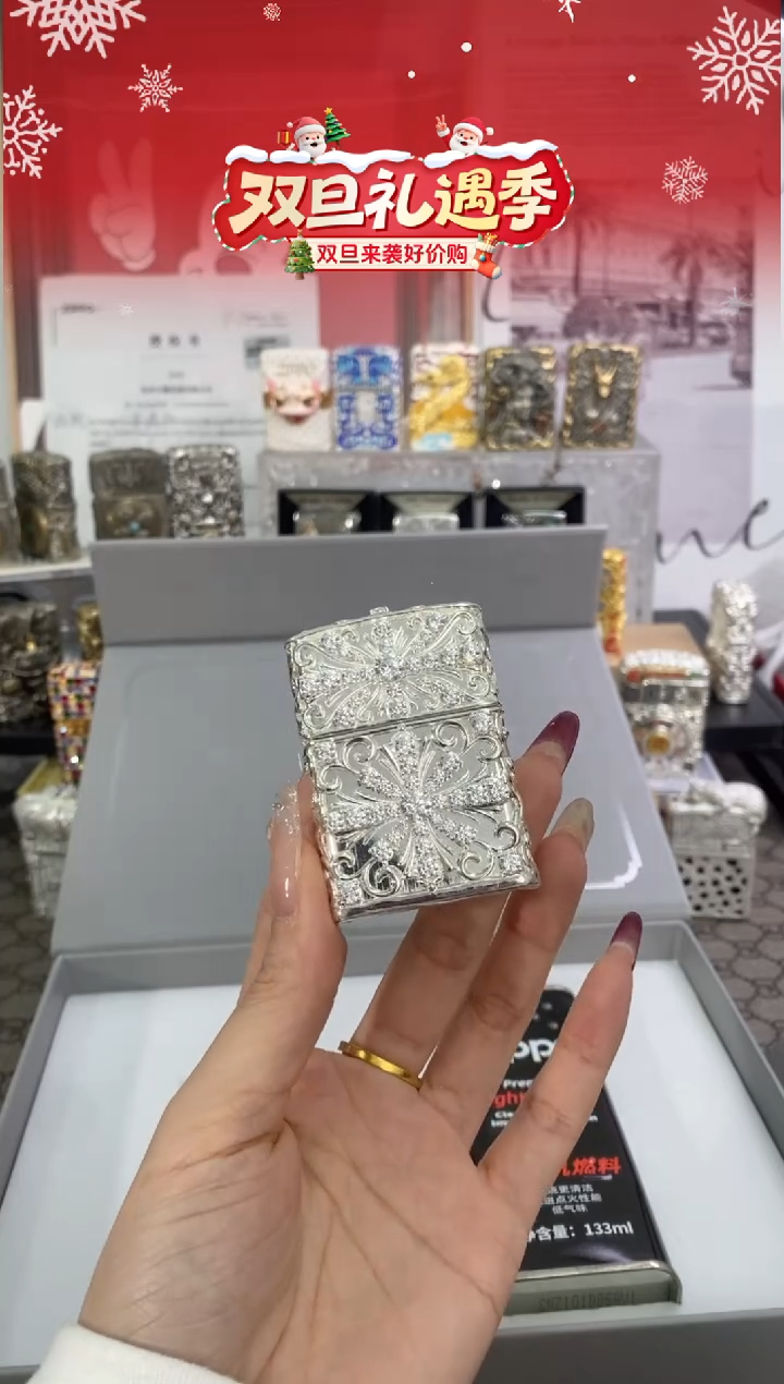 镜面ZIPPO打火机-纯银满钻克罗心