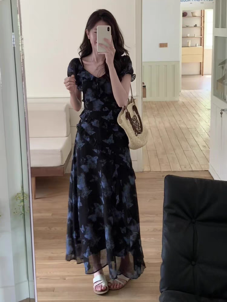 法式不规则碎花连衣裙女2025年夏季新款气质时尚显瘦温柔掐腰长裙
