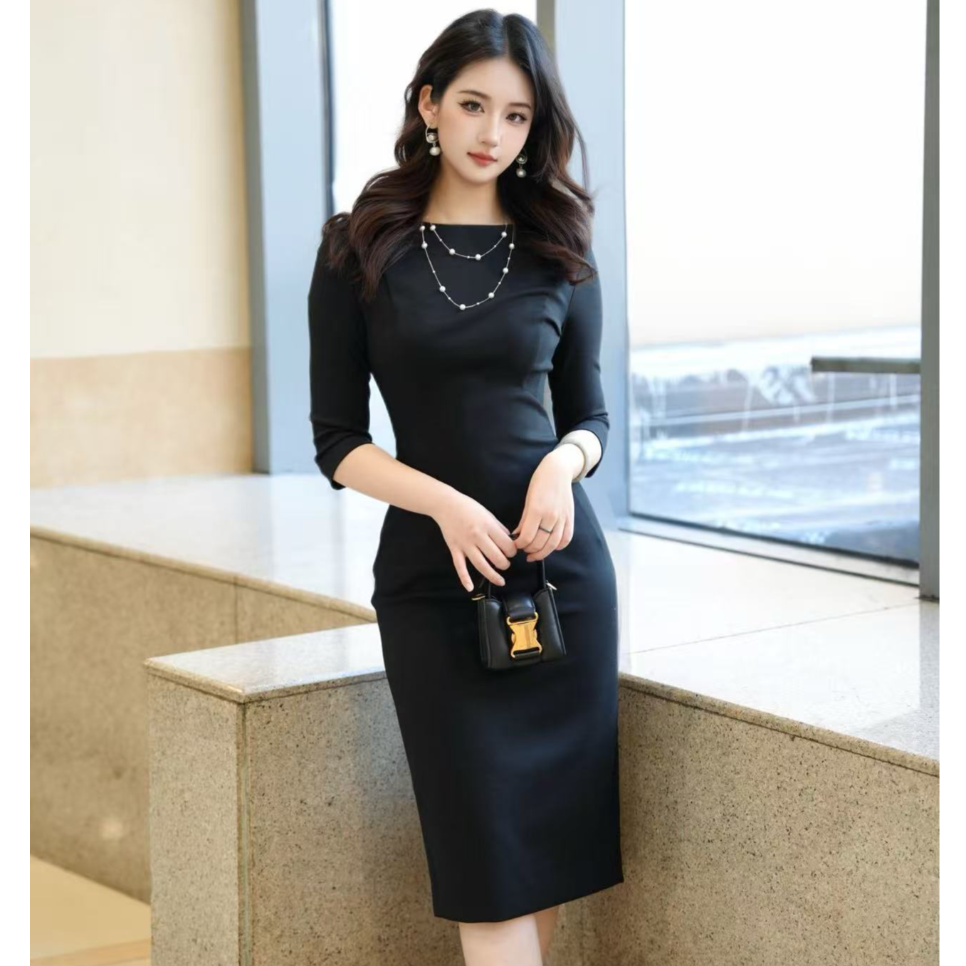 GIRDEAR/哥弟1500284 新款时尚气质黑色修身显瘦极简风长袖连衣裙