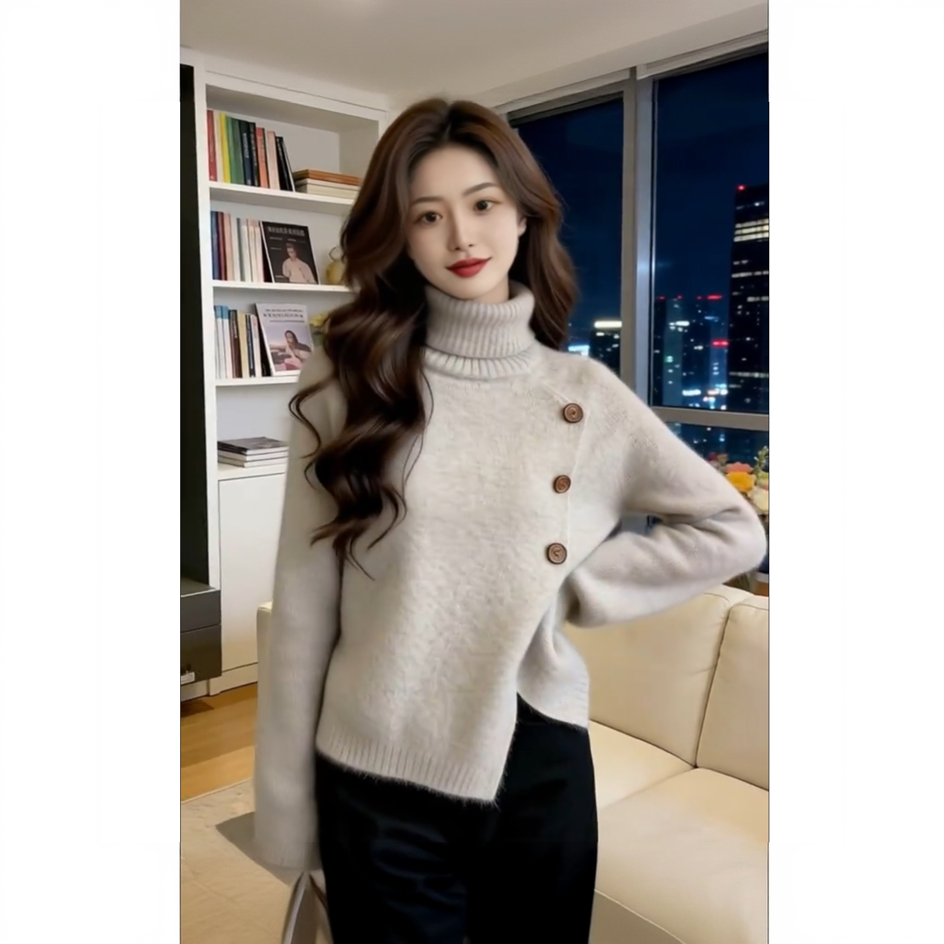 2025时尚优雅绝美漂亮高领长袖毛衣针织衫女冬季简约软糯宽松上衣