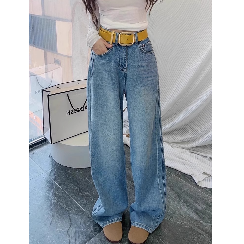 蓝色休闲高腰直筒牛仔裤2025女款夏季薄款显瘦大码胖mm宽松阔腿裤