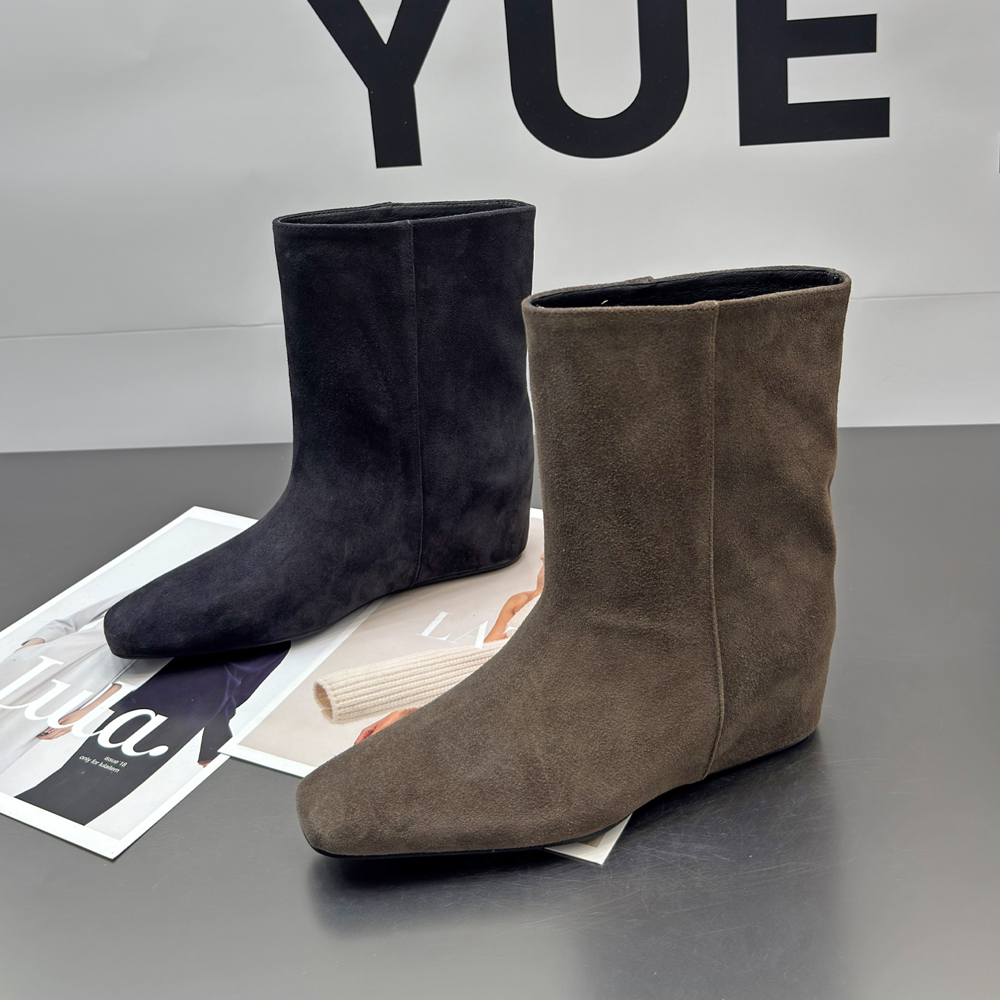 9752-5复古骑士靴女秋冬新款真皮内增高方头中筒靴显瘦裤管短靴