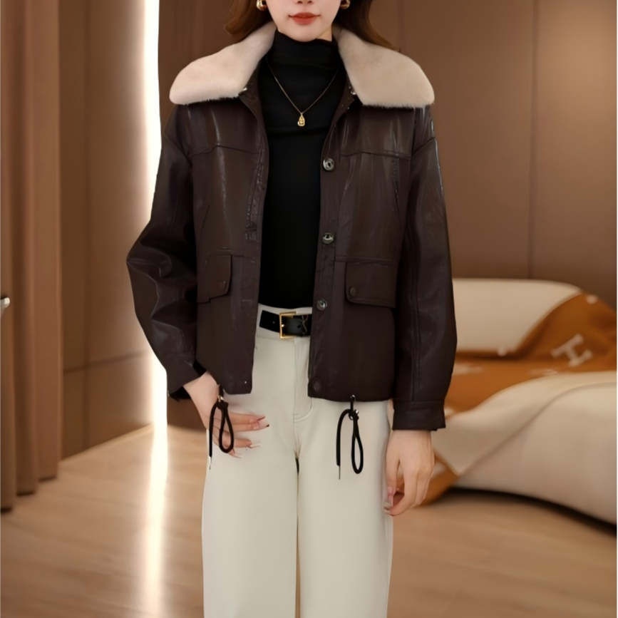 秋冬新款欧美风落肩袖复古港风冬季皮衣宽松毛领黑色CZYL-85157#