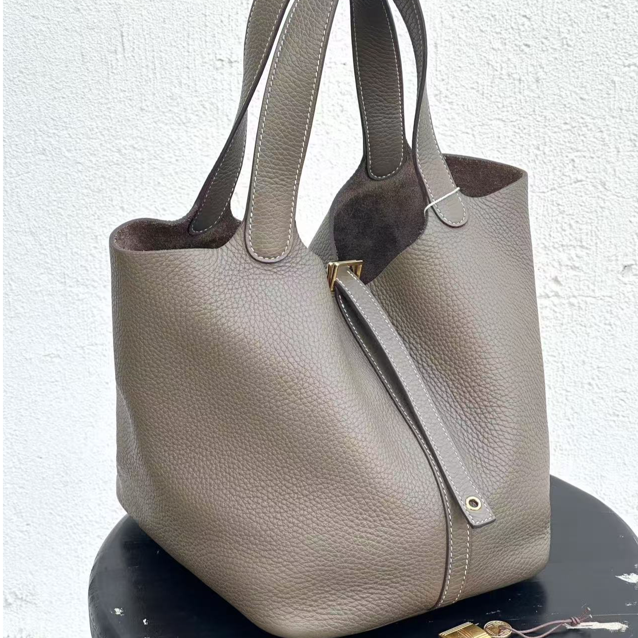 99新 Hermes/爱马仕 阿古叔叔水桶菜篮子22大象灰银扣w刻tc皮99新