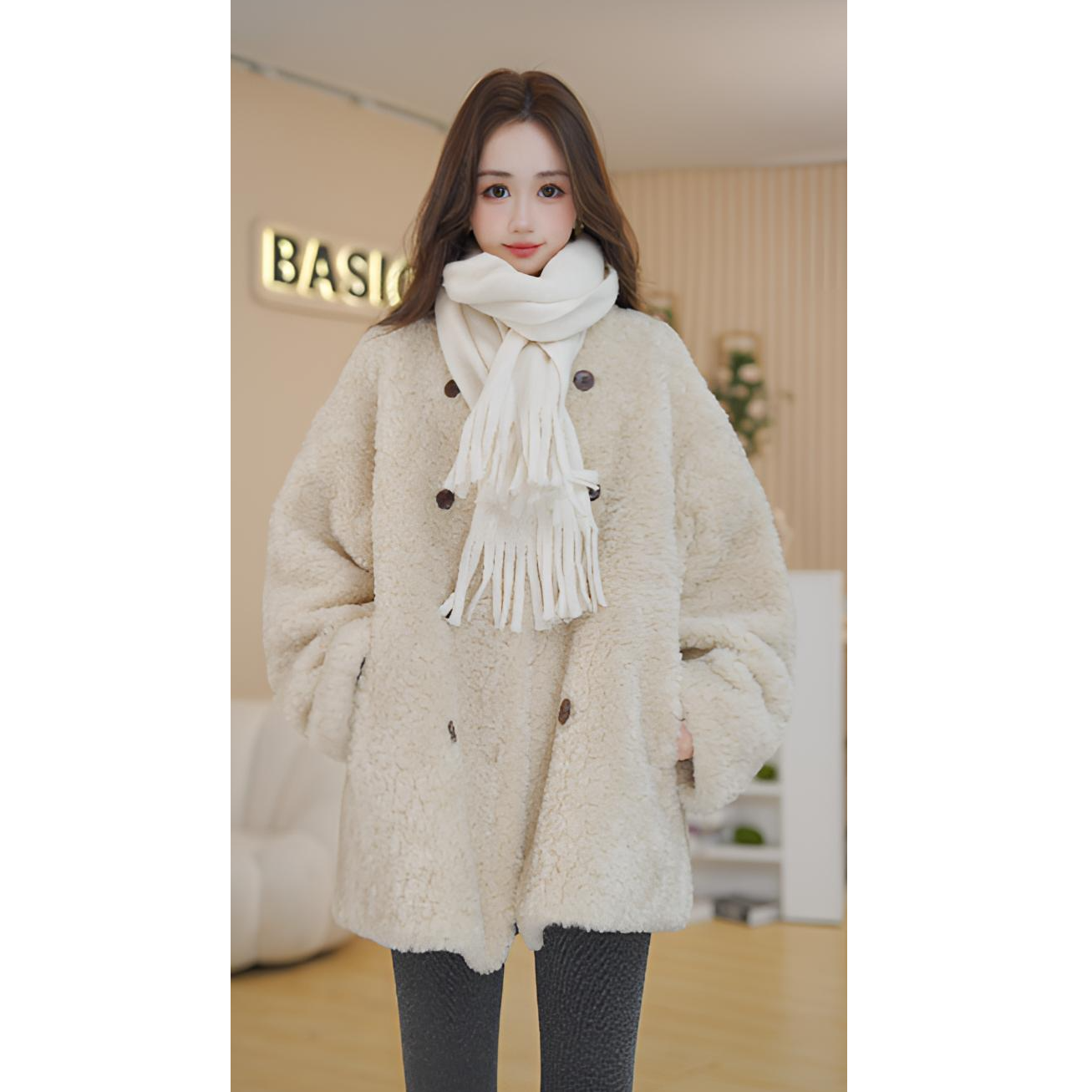 Basic House/百家好冬季新款宽松双排扣加厚短款保暖毛毛外套XC