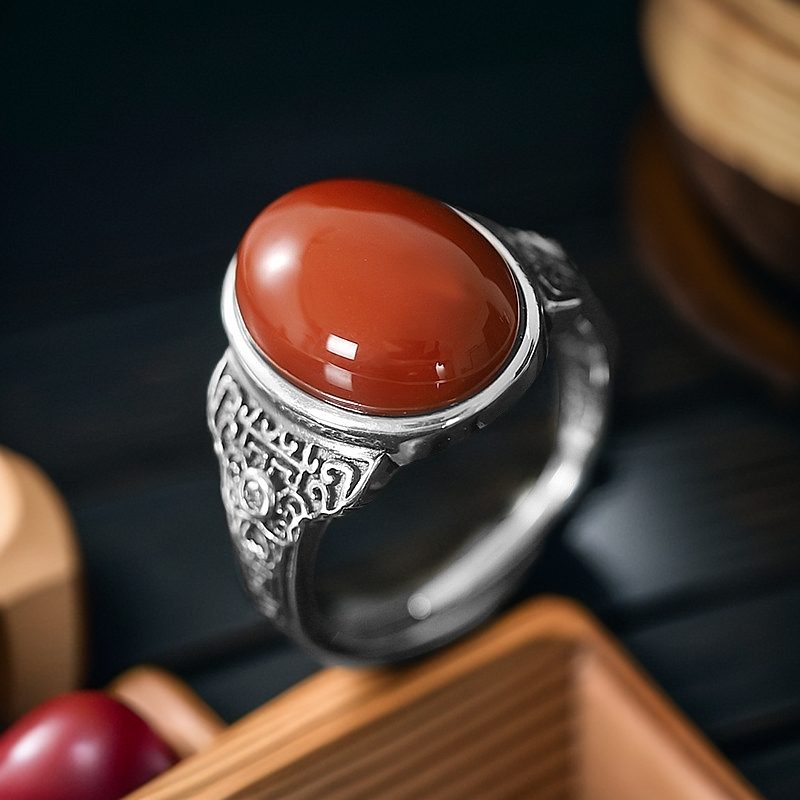 S925银戒指镶嵌南红玛瑙复古做旧祥云纹理戒指