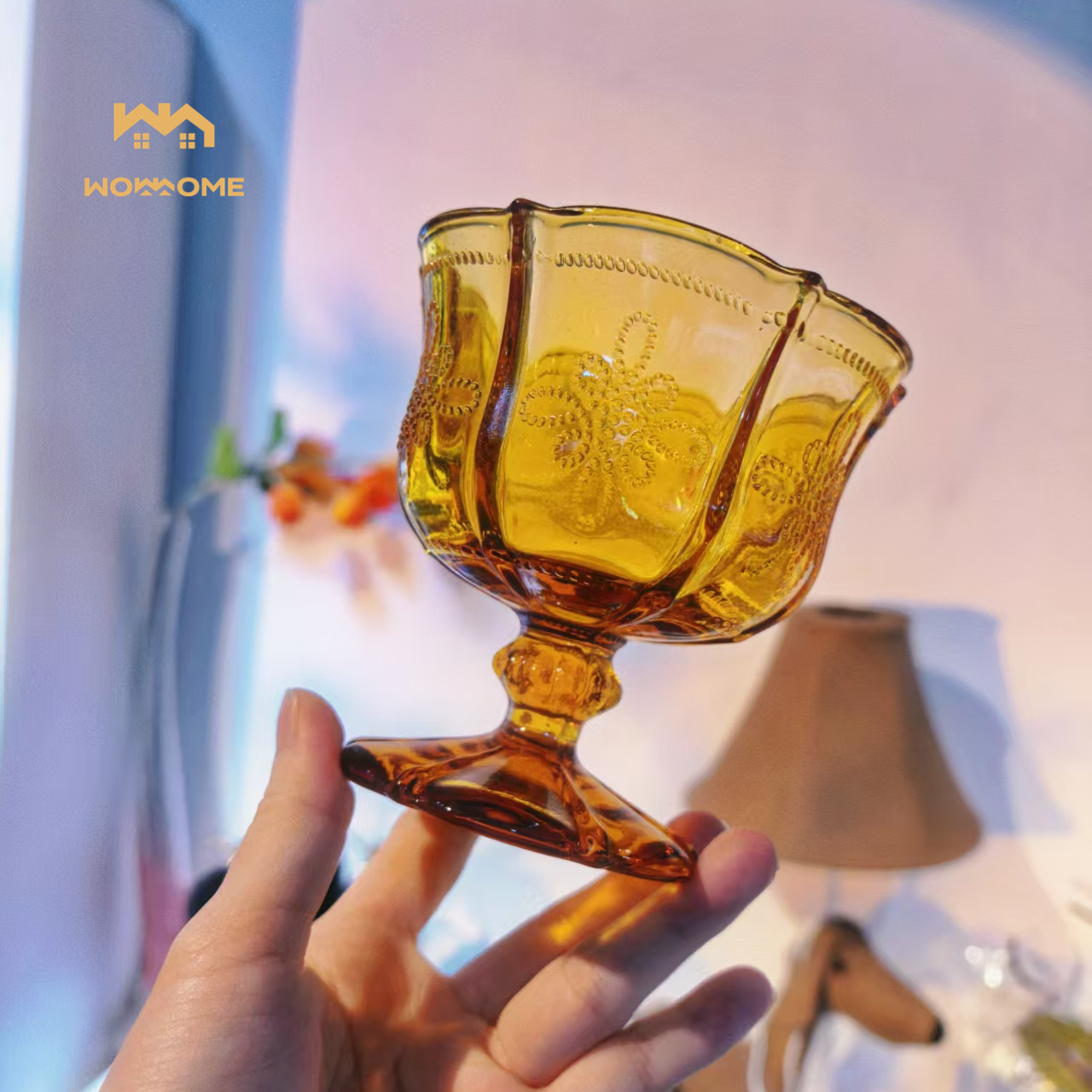 惊喜家2只复古欧式琥珀冰淇淋无铅玻璃高脚杯甜品杯布丁杯沙拉碗