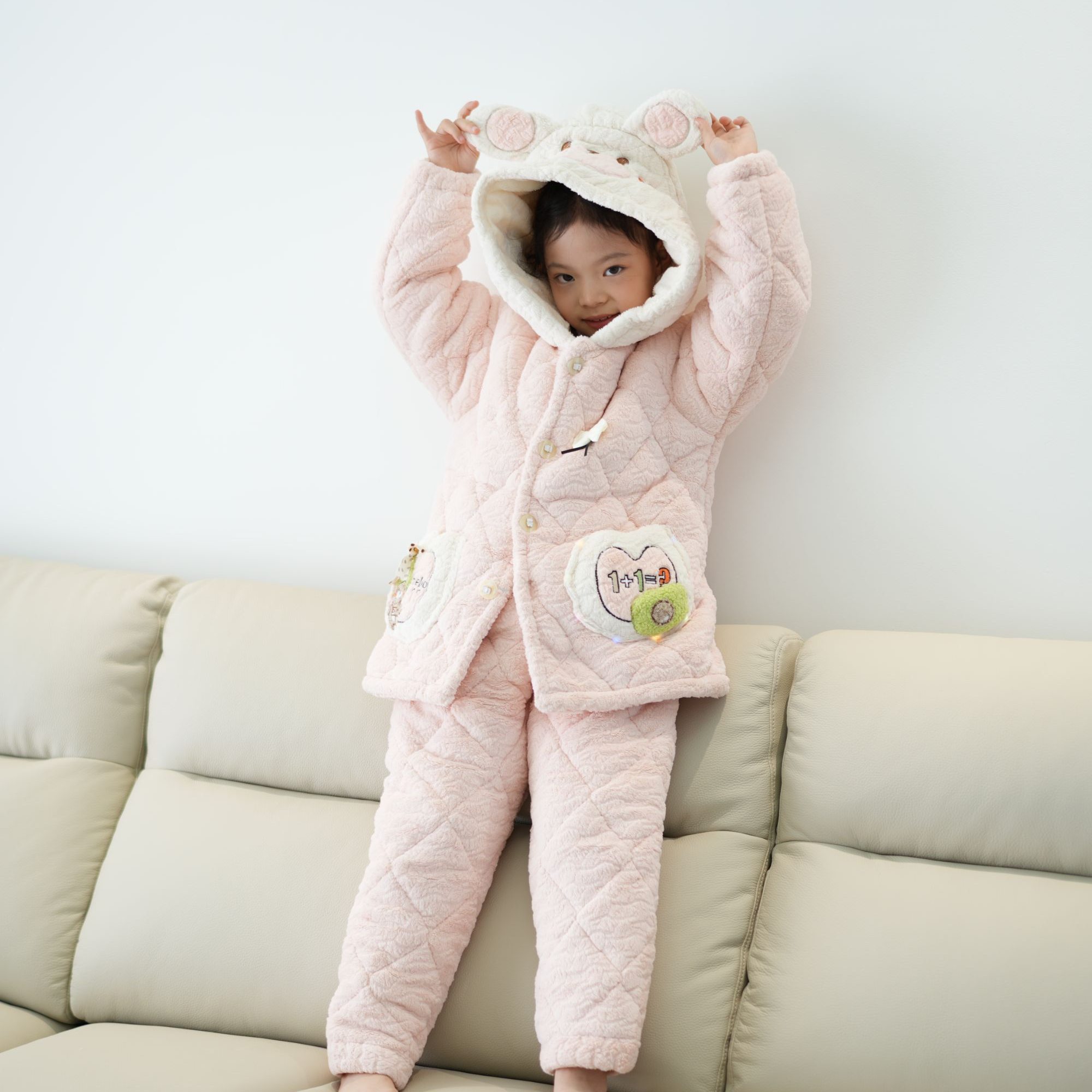 飞尼熊女中童家居服套装居家厚款三层保暖加绒加厚冬季保暖