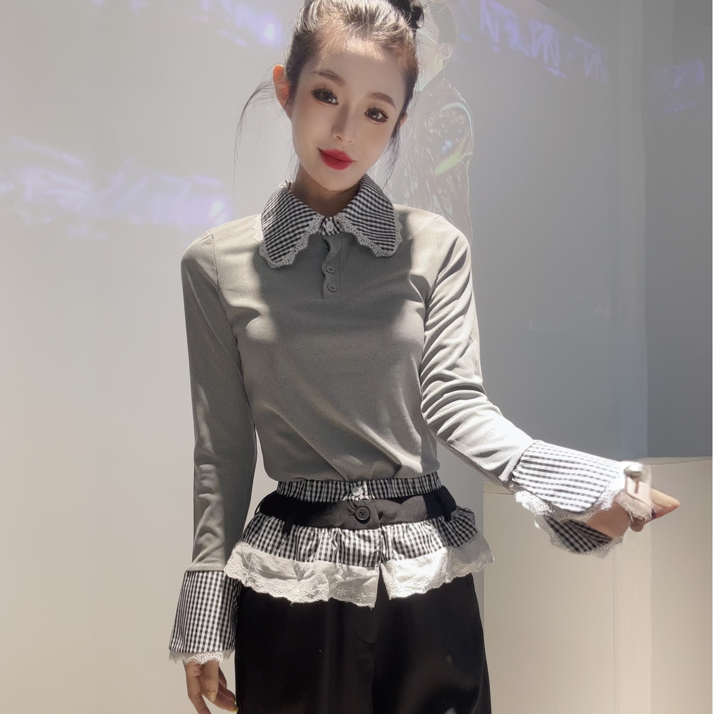 861韩版miu风格子娃娃领衬衫+花边西裤套装