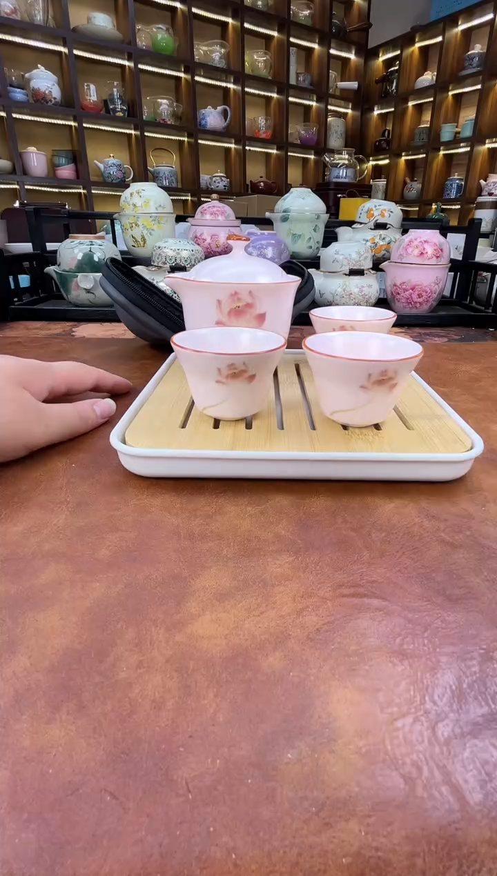 粉汝莲花3杯款旅行+正方竹木盘