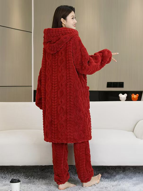 女士中长款加绒加厚连帽大码套装睡衣可外穿睡衣家居服套装