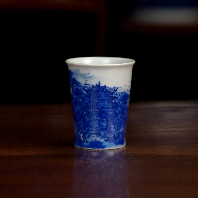 蓬莱仙境图 自成堂柴窑青花山水陶瓷闻香杯适合中式喝茶场景茶具