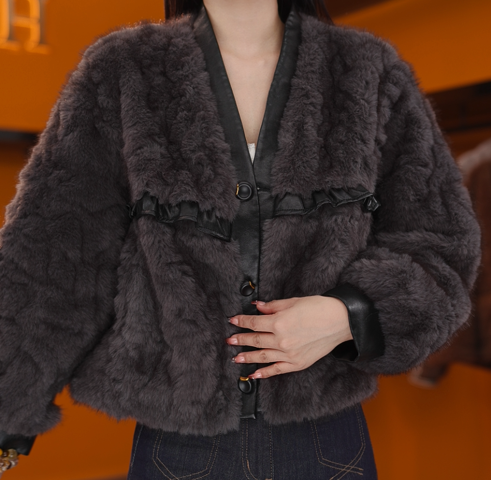 【海宁专柜正品】SQ-雪-新款秋冬时尚气质灰色毛茸茸显瘦百搭外套