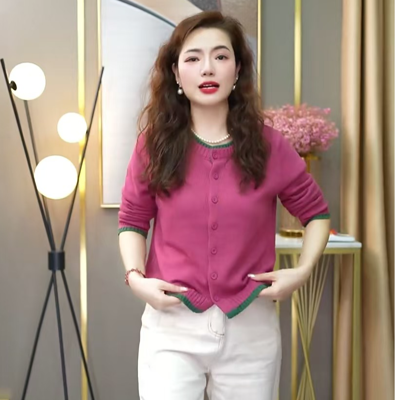 【老板娘专属】拼色假两件圆领棉线女士秋季宽松时尚长袖针织衫外套