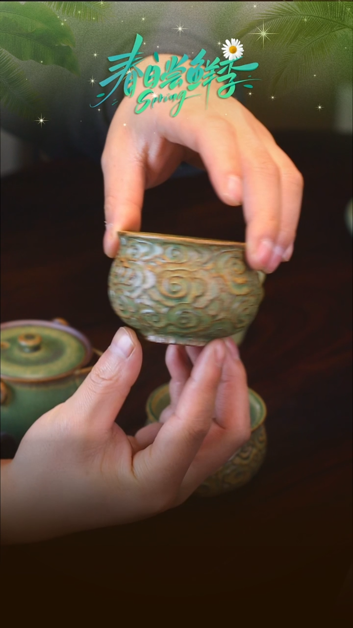 【闪购商品】紫砂还原烧绿色祥云腰鼓杯