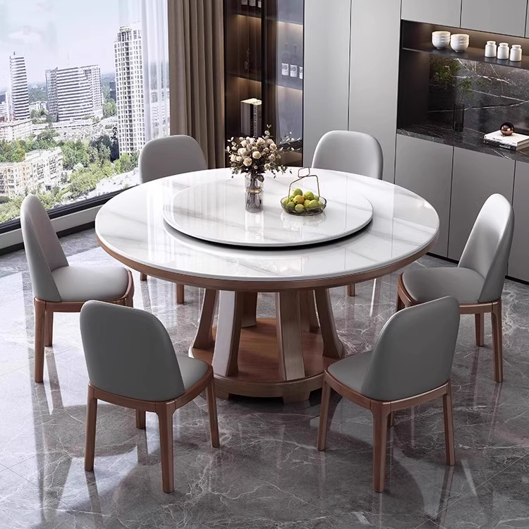 岩板餐桌现代简约小户型实木圆形家用圆桌转盘高端电磁炉吃饭桌子