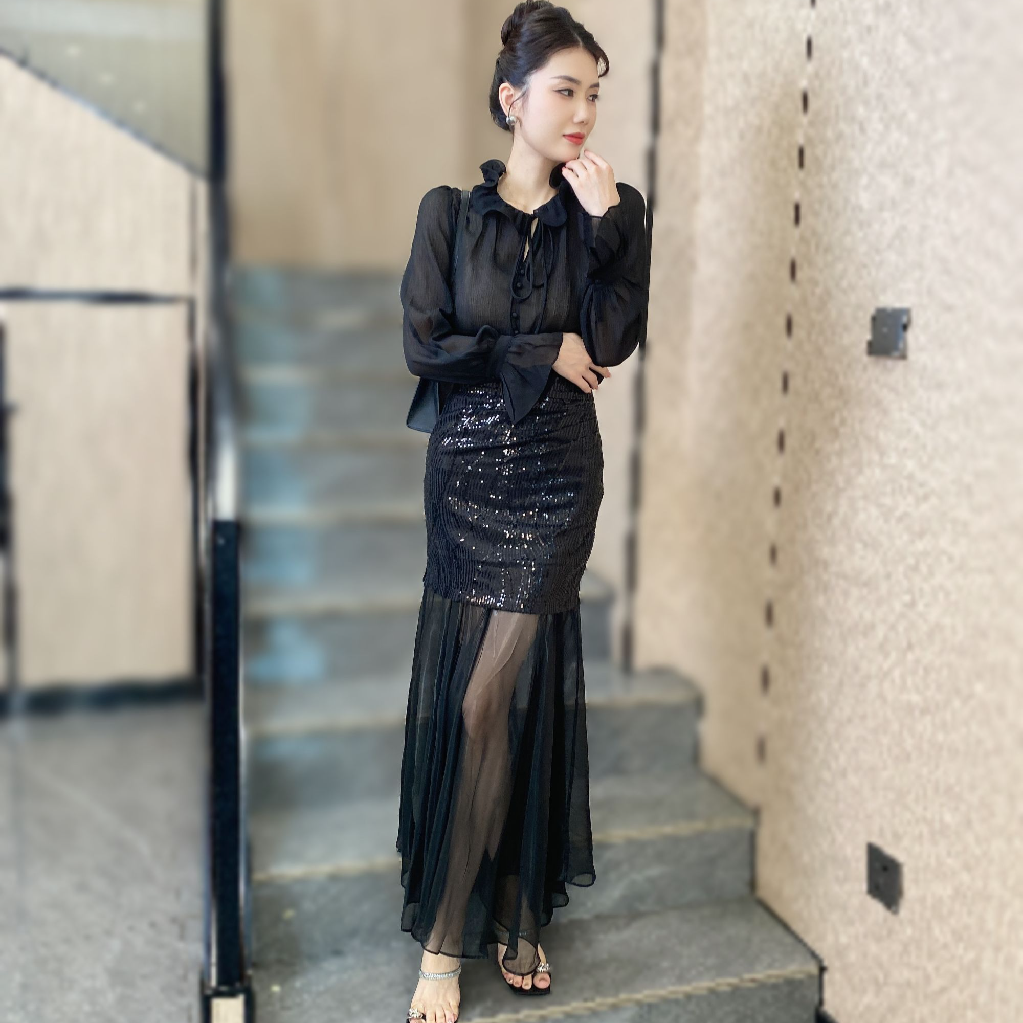 亮片蕾丝网纱拼接鱼尾半身裙女夏季新款气质长裙高腰显瘦一步裙子