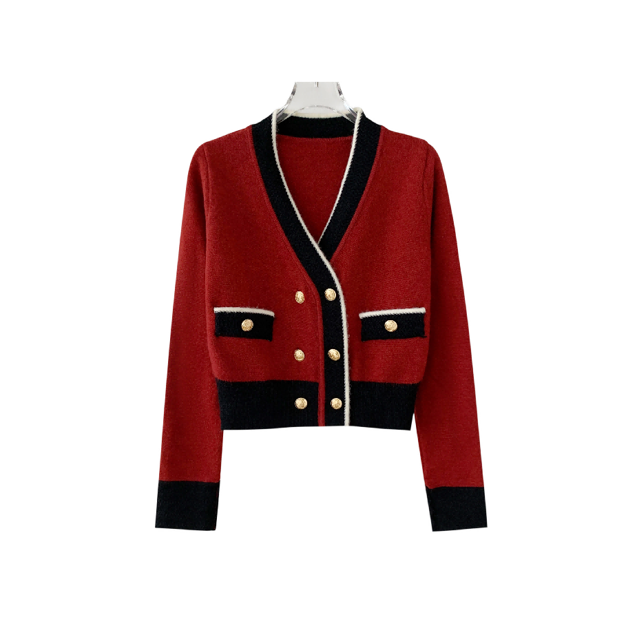 6133秋冬季休闲V领撞色短款长袖毛衣开衫外套女修身百搭女