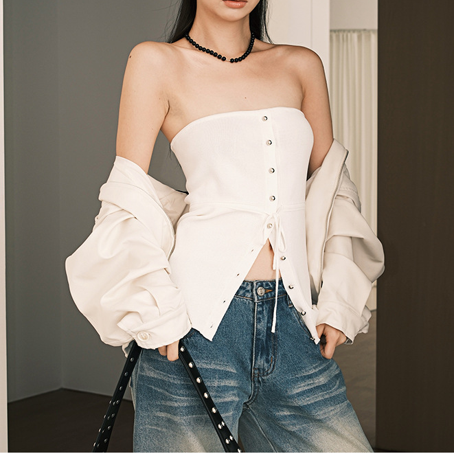 JOSSLI 纯色排扣腰间抽绳金属扣抹胸 N25M438